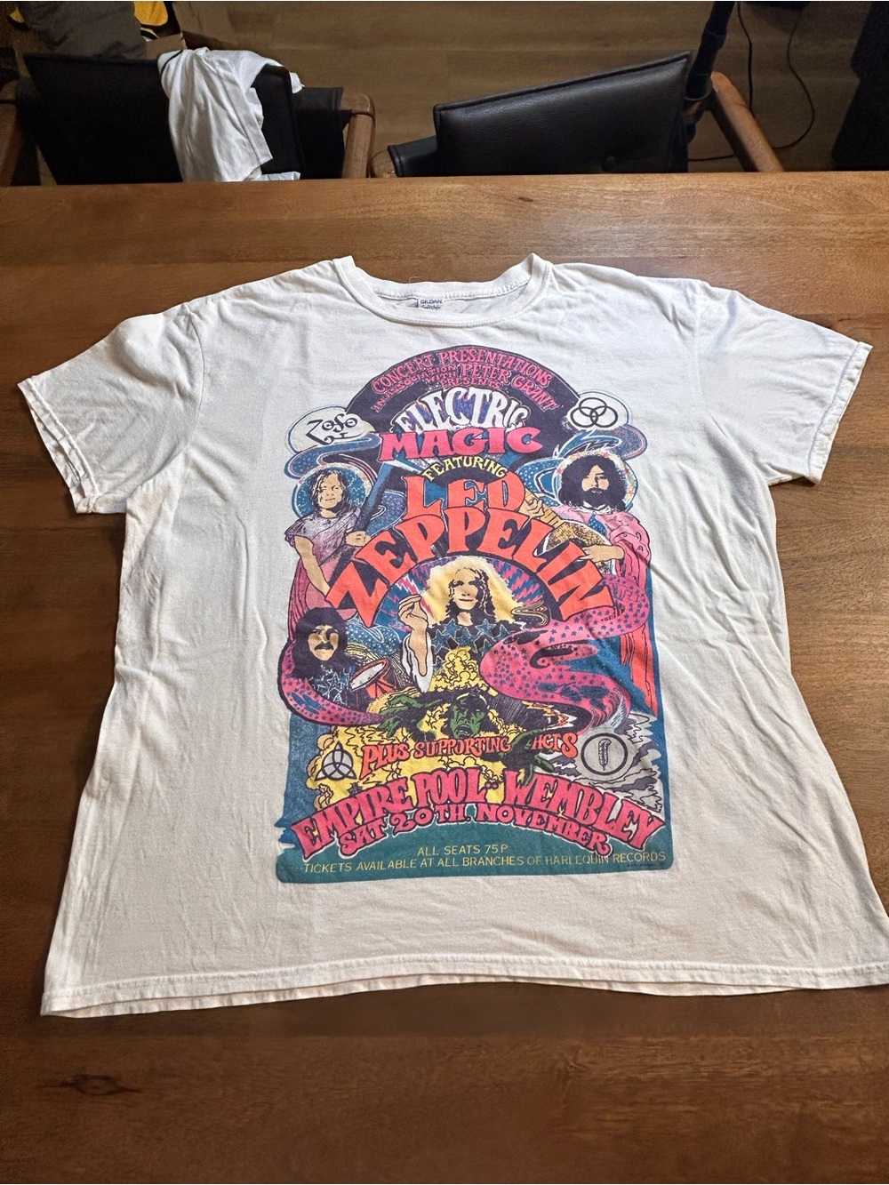 Led Zeppelin Gildan White Tee with Pink, Blue, Purple and Black Front Print